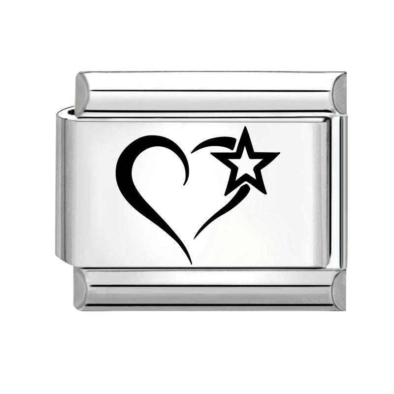Heart Star Italian Charm Bracelet Stainless Steel Engraved Link