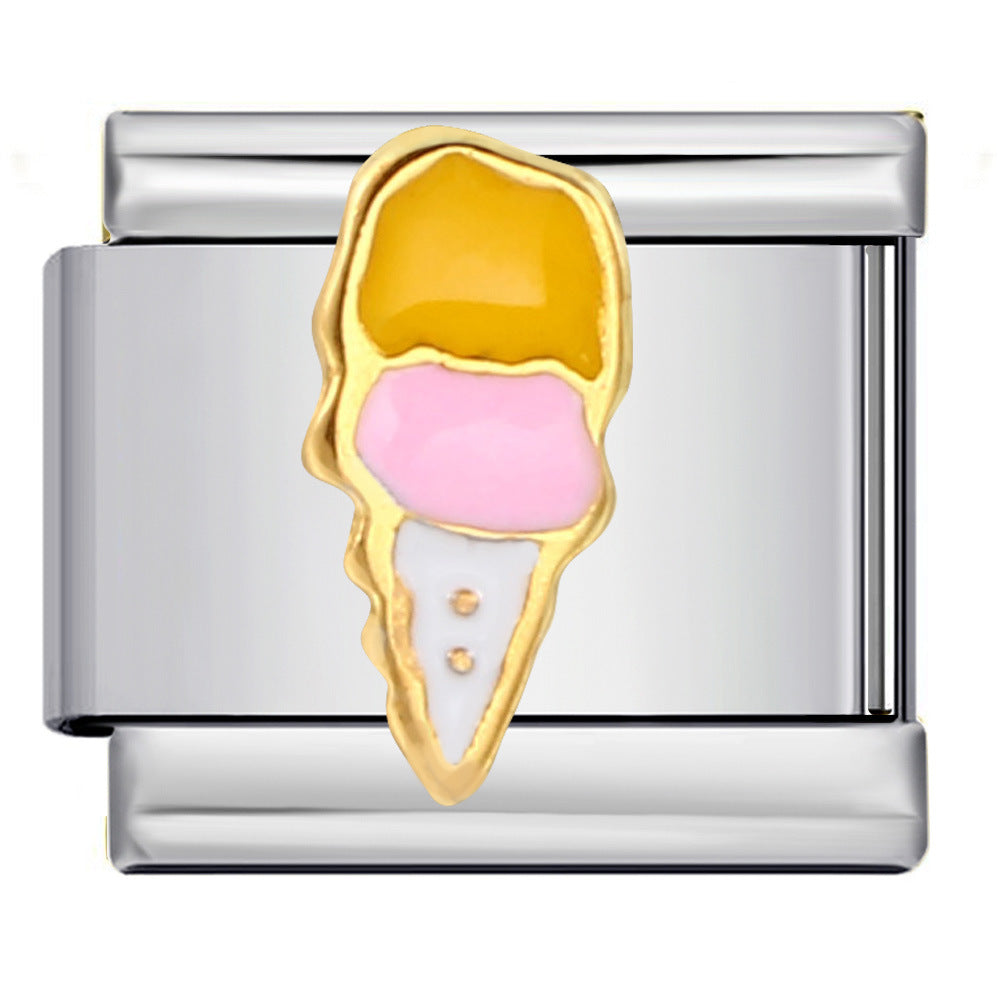 Ice Cream Cone Italian Charm 9mm Pink Yellow Scoop Gold Link