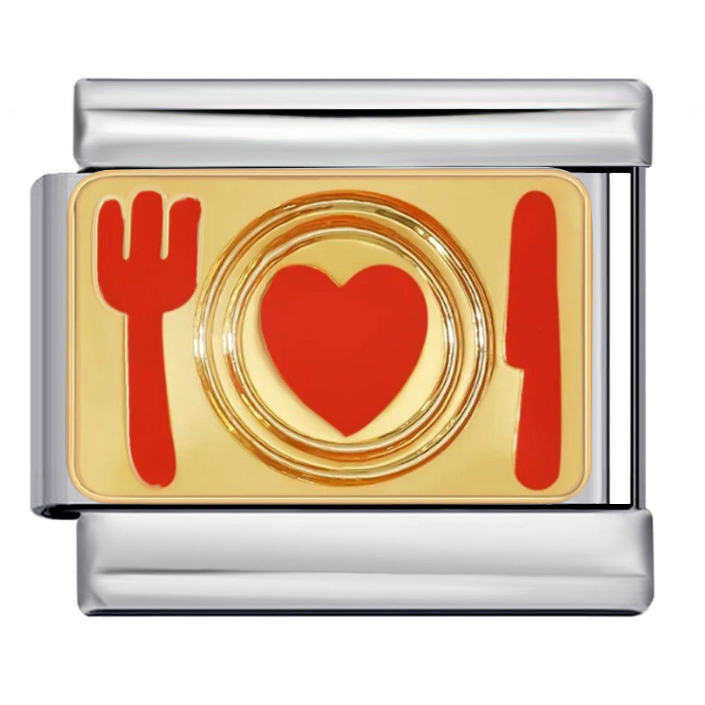 Fork Knife Heart Plate Italian Charm 9mm Gold Red Enamel Link