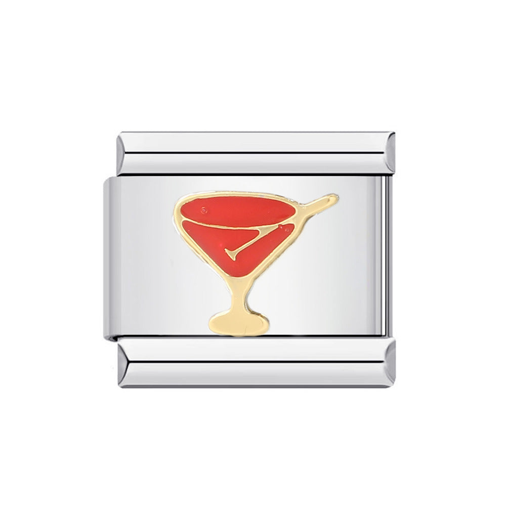 Martini Glass Italian Charm 9mm Red Cocktail Gold Rim Link