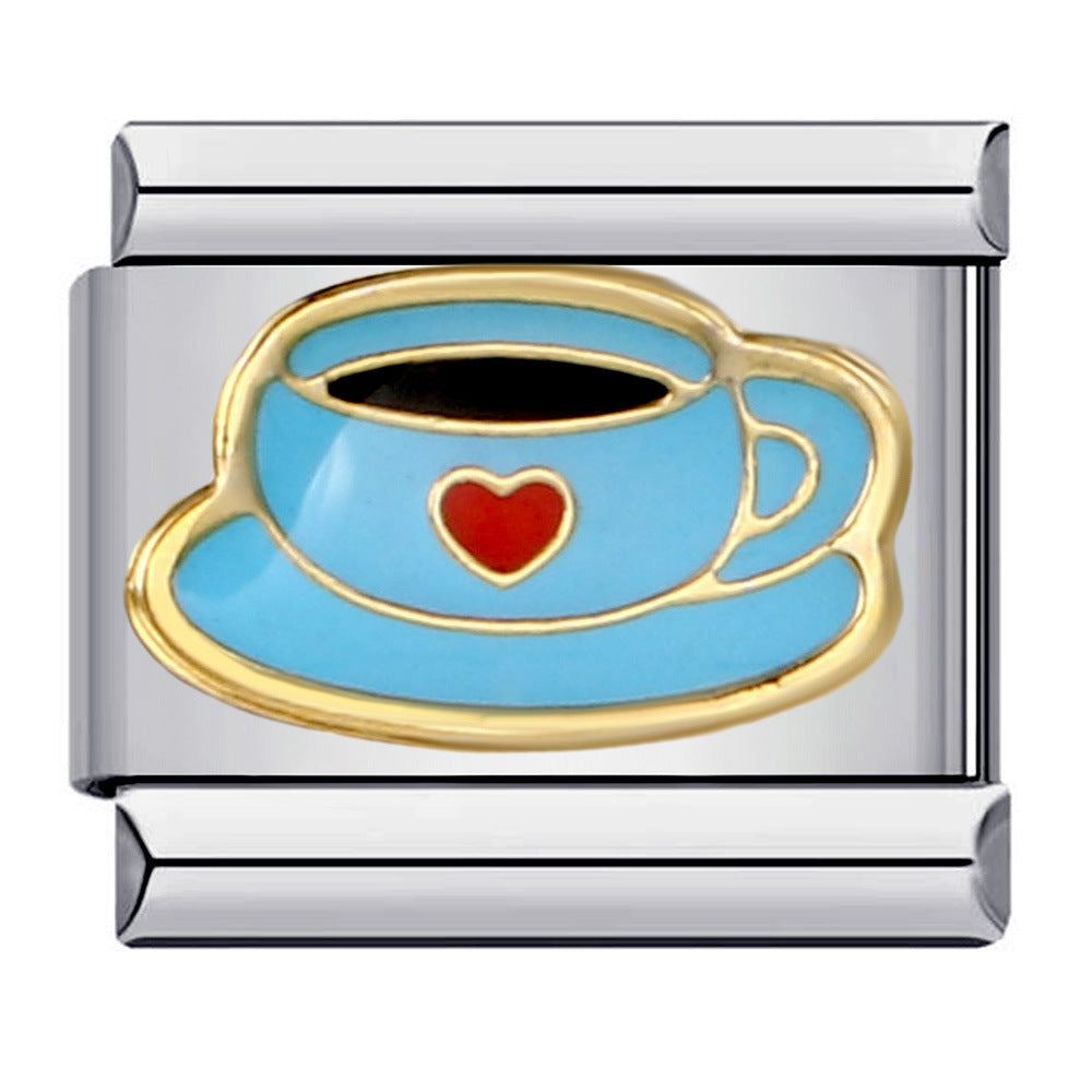 Blue Coffee Cup Heart Italian Charm 9mm Stainless Steel Enamel Link
