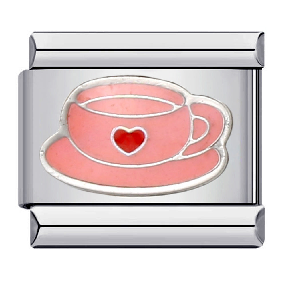 Pink Coffee Cup Heart Italian Charm 9mm Blush Enamel Link