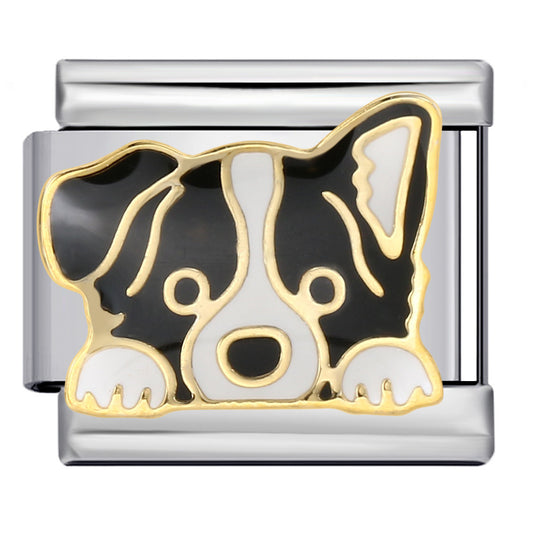 Border Collie Dog Italian Charm Bracelet Module, Stainless Steel Herding Dog Link