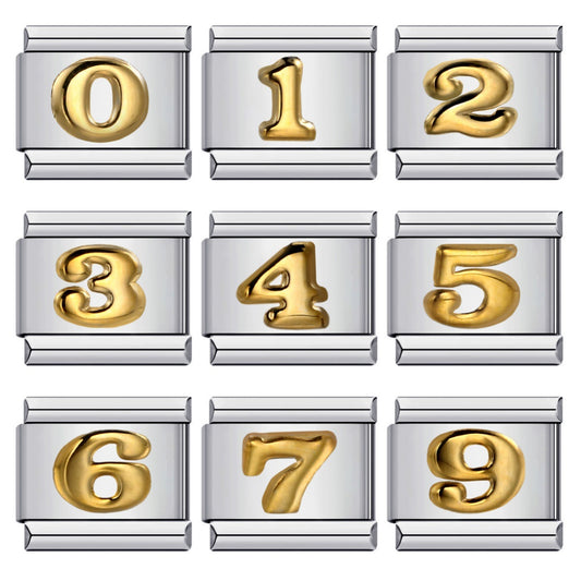DIY Interchangeable Italian Charm Link, Gold Numeral on Silver Stainless‑Steel Module, Custom Number Bracelet Charm