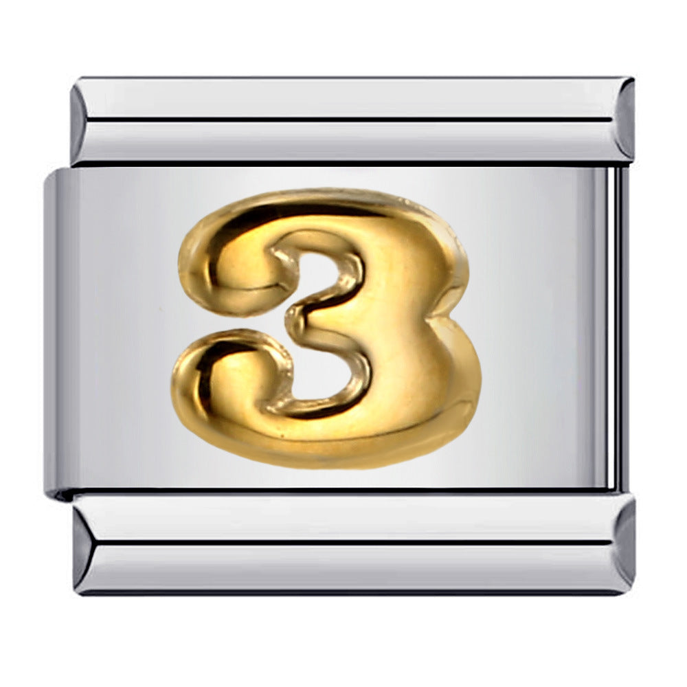 DIY Interchangeable Italian Charm Link, Gold Numeral on Silver Stainless‑Steel Module, Custom Number Bracelet Charm