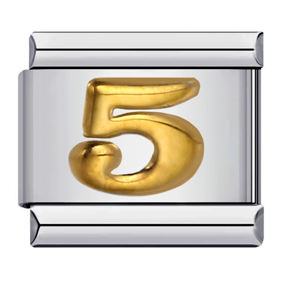 DIY Interchangeable Italian Charm Link, Gold Numeral on Silver Stainless‑Steel Module, Custom Number Bracelet Charm