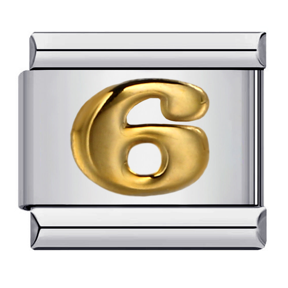 DIY Interchangeable Italian Charm Link, Gold Numeral on Silver Stainless‑Steel Module, Custom Number Bracelet Charm