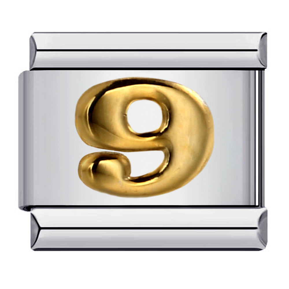 DIY Interchangeable Italian Charm Link, Gold Numeral on Silver Stainless‑Steel Module, Custom Number Bracelet Charm
