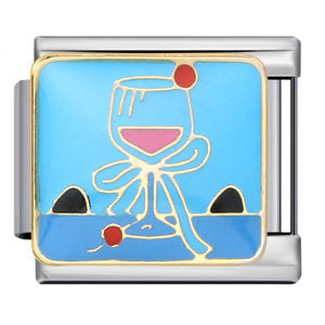 Wine Glass Bow Italian Charm 9mm Cherry Blue Enamel Link