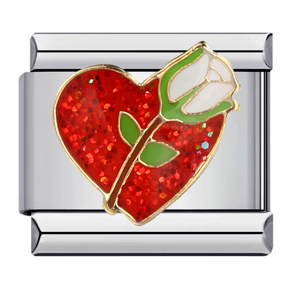 Rose with Heart Italian Charm Link Stainless Steel Module for Women Bracelet