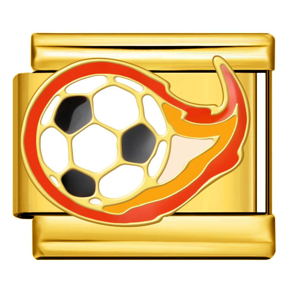 Flaming Soccer Ball Italian Charm Bracelet Module, Stainless Steel Sports Link
