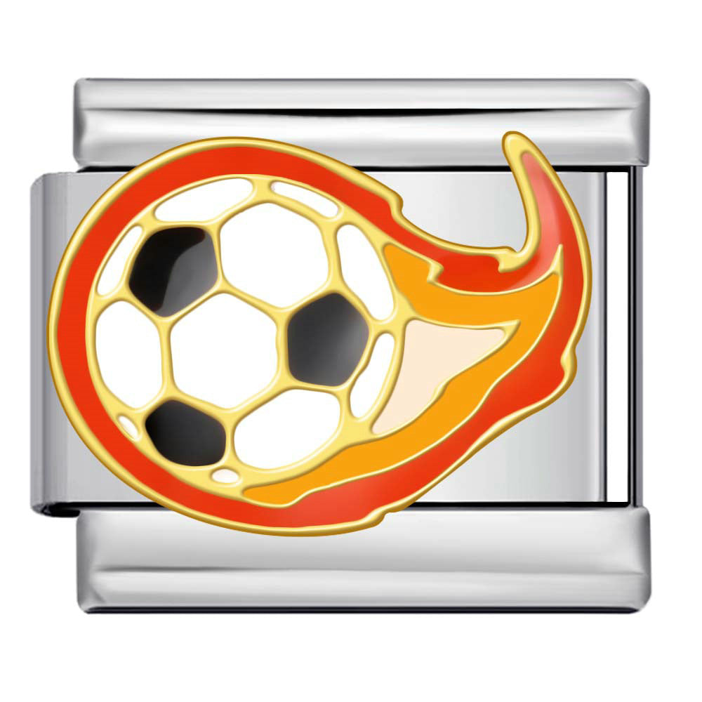 Flaming Soccer Ball Italian Charm Bracelet Module, Stainless Steel Sports Link
