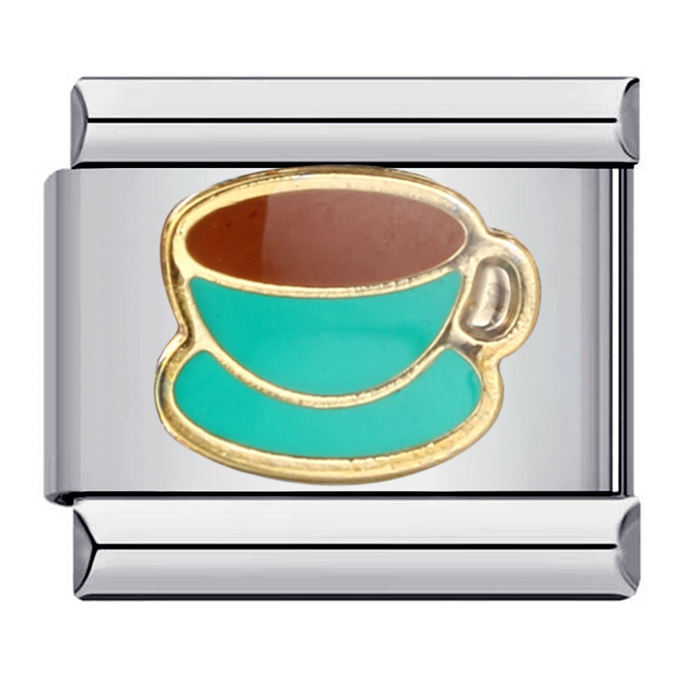 Teal Coffee Cup Italian Charm 9mm Brown Coffee Gold Rim Link
