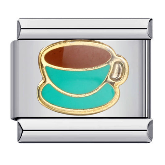 Teal Coffee Cup Italian Charm 9mm Brown Coffee Gold Rim Link