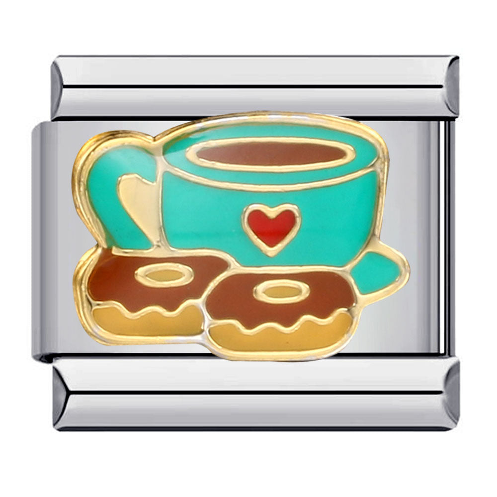 Coffee and Donuts Italian Charm 9mm Teal Cup Enamel Link